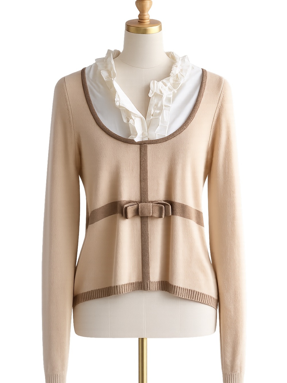 Women's Cream & Brown Bow-Accent Scoop Neck Sweater Faux Blouse p2p 18” 22” long